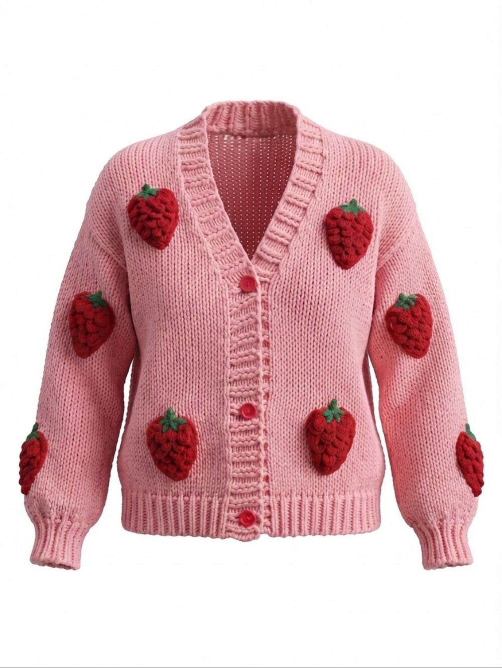 Strawberry Cardigan Pink Knit V-Neck Button Up Chunky Sweater Size Medium
